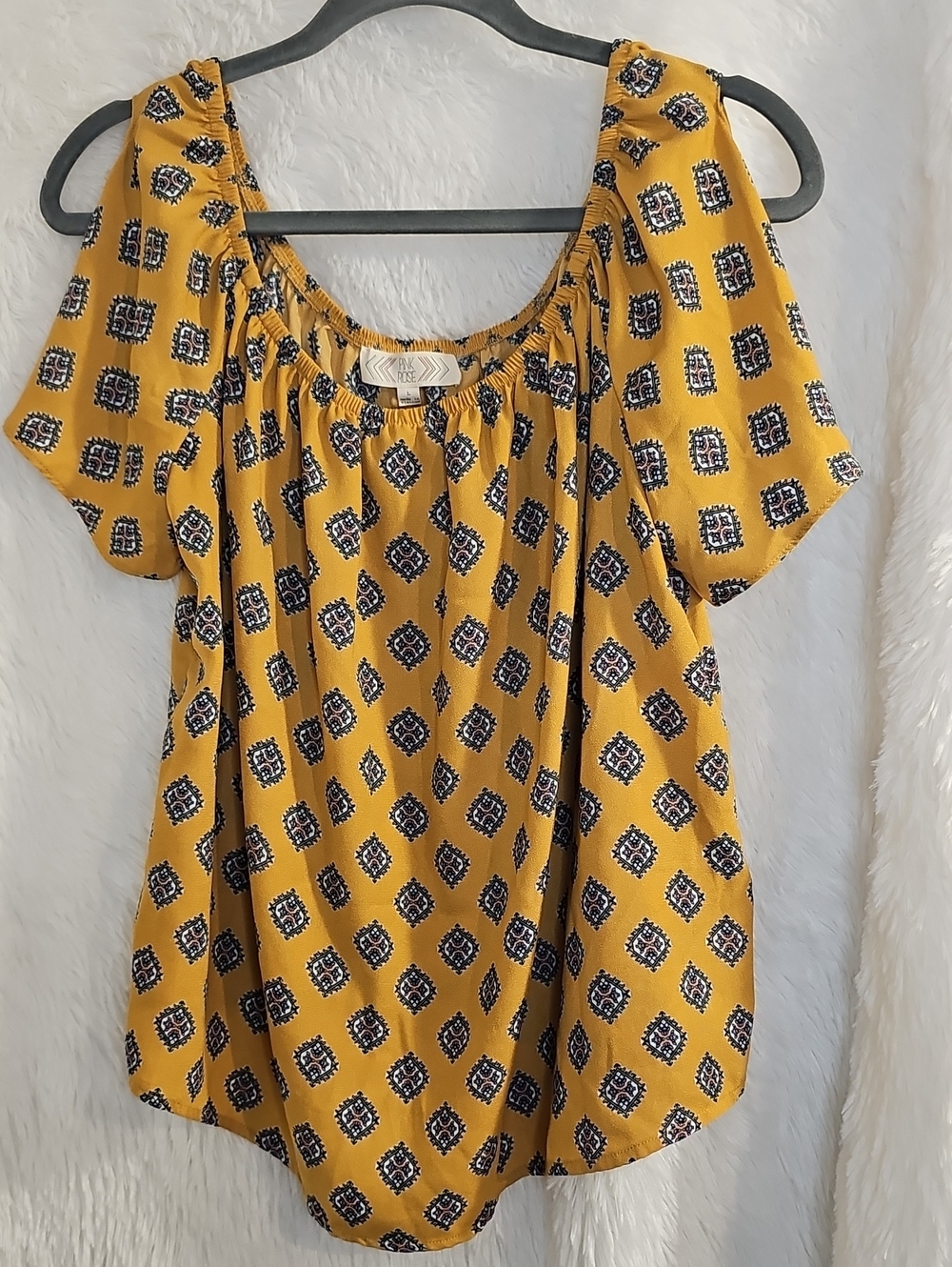 Pink Rose Mustard Yellow Printed Short Sleeve Peasant Blouse